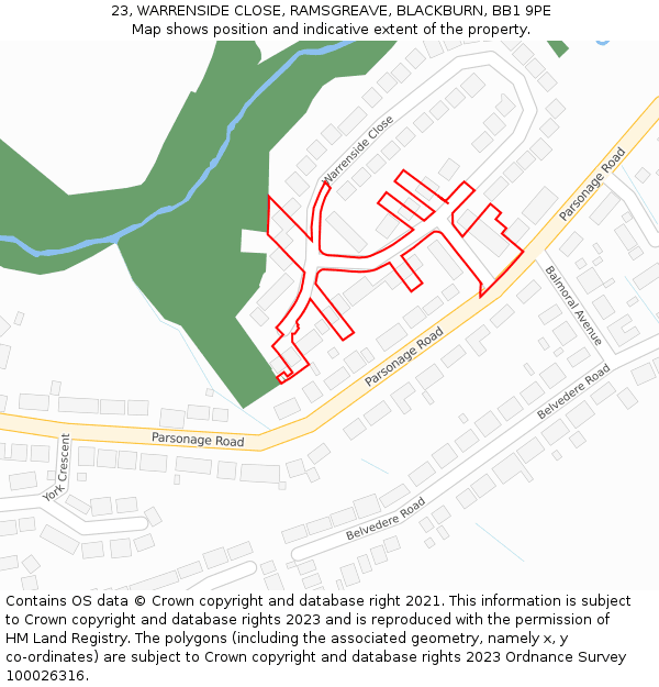 23, WARRENSIDE CLOSE, RAMSGREAVE, BLACKBURN, BB1 9PE: Location map and indicative extent of plot