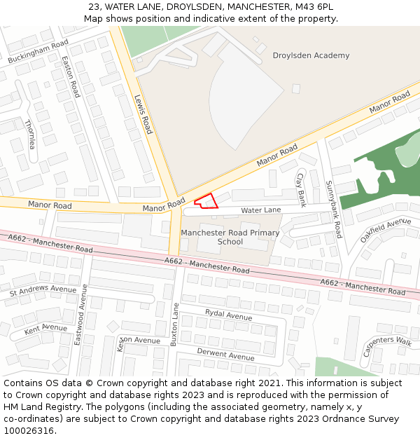 23, WATER LANE, DROYLSDEN, MANCHESTER, M43 6PL: Location map and indicative extent of plot