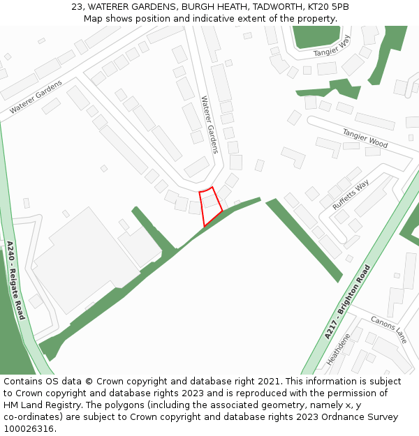 23, WATERER GARDENS, BURGH HEATH, TADWORTH, KT20 5PB: Location map and indicative extent of plot
