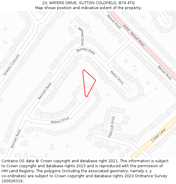 23, WATERS DRIVE, SUTTON COLDFIELD, B74 4TQ: Location map and indicative extent of plot