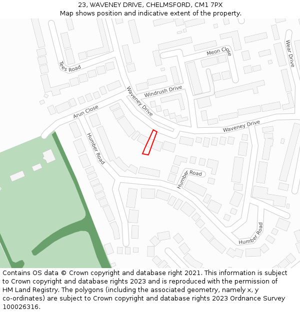 23, WAVENEY DRIVE, CHELMSFORD, CM1 7PX: Location map and indicative extent of plot