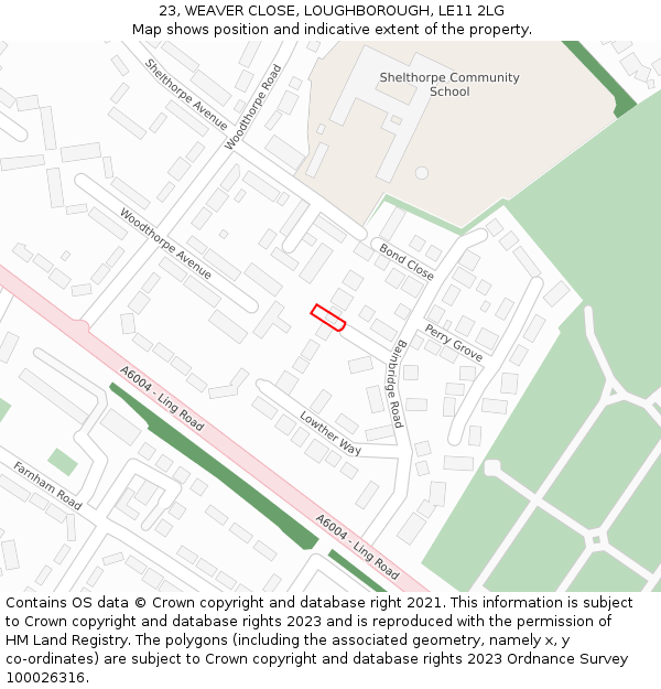 23, WEAVER CLOSE, LOUGHBOROUGH, LE11 2LG: Location map and indicative extent of plot