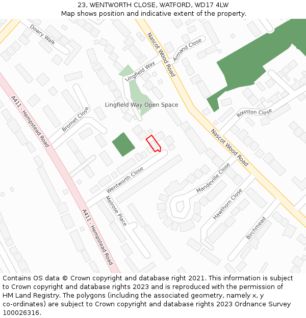 23, WENTWORTH CLOSE, WATFORD, WD17 4LW: Location map and indicative extent of plot