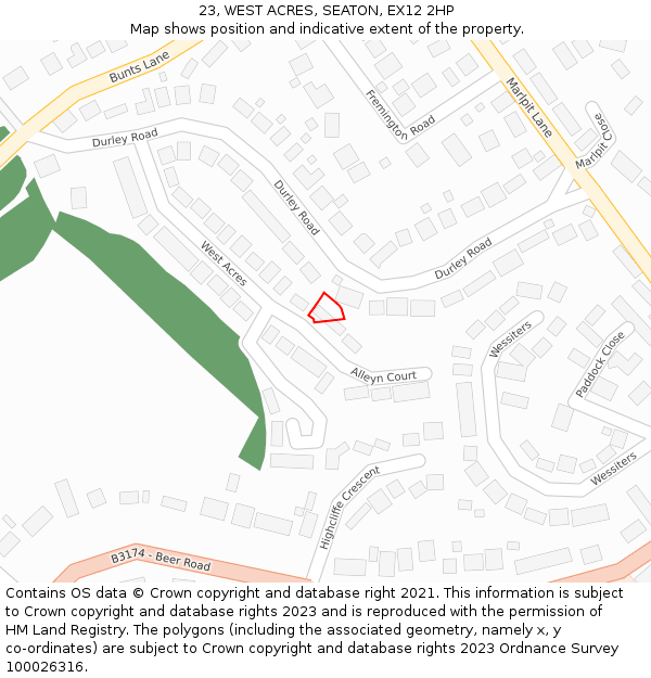 23, WEST ACRES, SEATON, EX12 2HP: Location map and indicative extent of plot