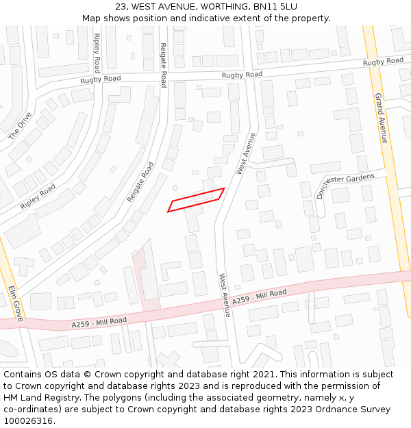 23, WEST AVENUE, WORTHING, BN11 5LU: Location map and indicative extent of plot