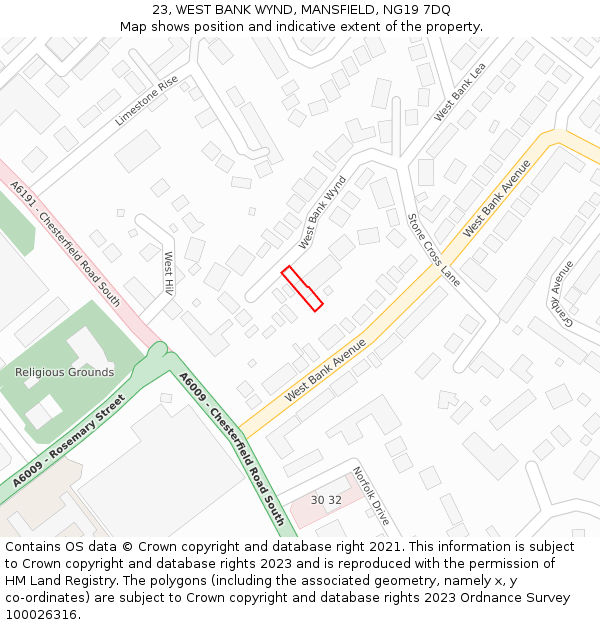 23, WEST BANK WYND, MANSFIELD, NG19 7DQ: Location map and indicative extent of plot