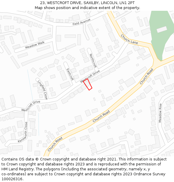 23, WESTCROFT DRIVE, SAXILBY, LINCOLN, LN1 2PT: Location map and indicative extent of plot
