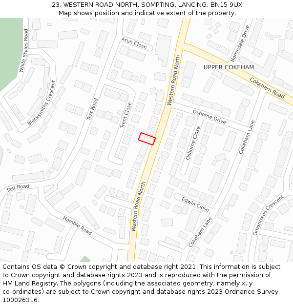 23, WESTERN ROAD NORTH, SOMPTING, LANCING, BN15 9UX: Location map and indicative extent of plot