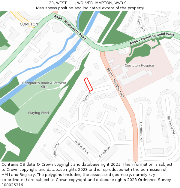 23, WESTHILL, WOLVERHAMPTON, WV3 9HL: Location map and indicative extent of plot