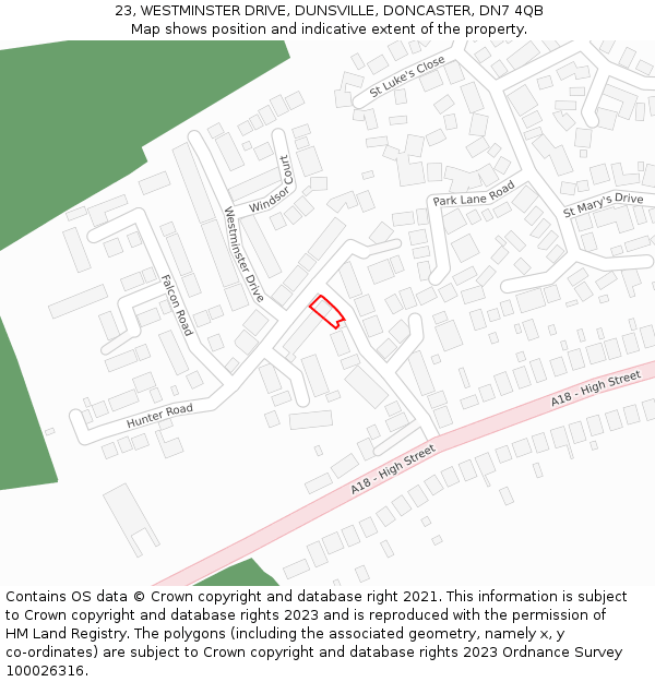 23, WESTMINSTER DRIVE, DUNSVILLE, DONCASTER, DN7 4QB: Location map and indicative extent of plot