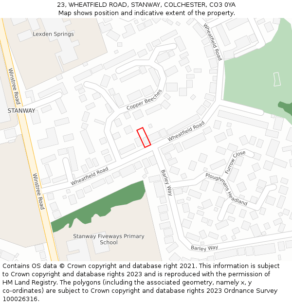 23, WHEATFIELD ROAD, STANWAY, COLCHESTER, CO3 0YA: Location map and indicative extent of plot