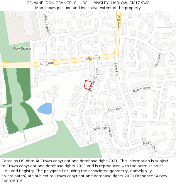 23, WHIELDON GRANGE, CHURCH LANGLEY, HARLOW, CM17 9WG: Location map and indicative extent of plot