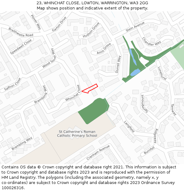 23, WHINCHAT CLOSE, LOWTON, WARRINGTON, WA3 2GG: Location map and indicative extent of plot