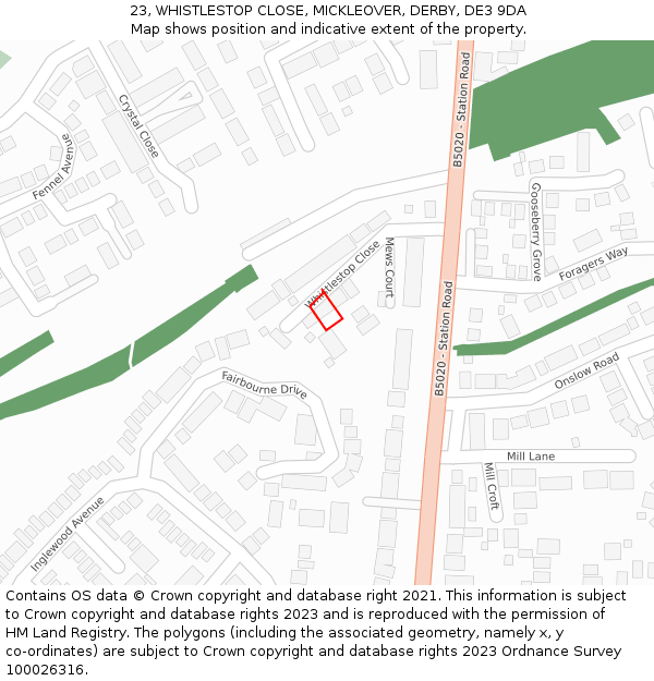 23, WHISTLESTOP CLOSE, MICKLEOVER, DERBY, DE3 9DA: Location map and indicative extent of plot