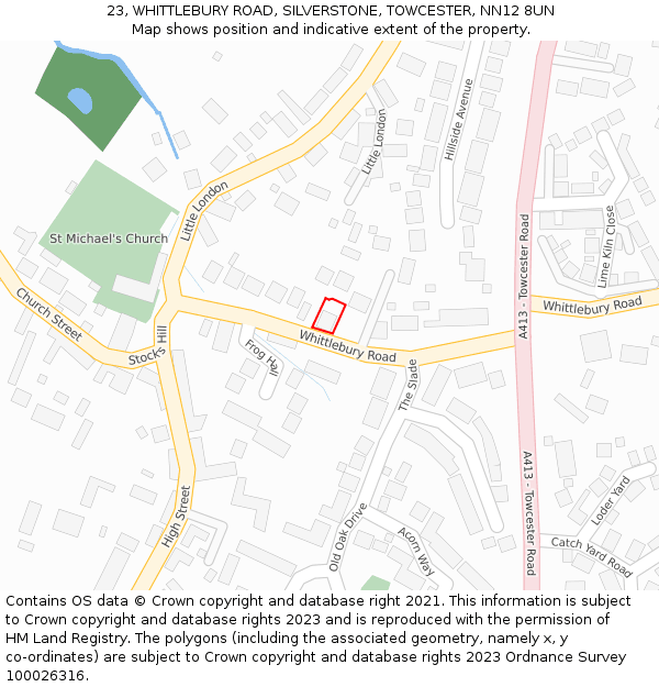 23, WHITTLEBURY ROAD, SILVERSTONE, TOWCESTER, NN12 8UN: Location map and indicative extent of plot