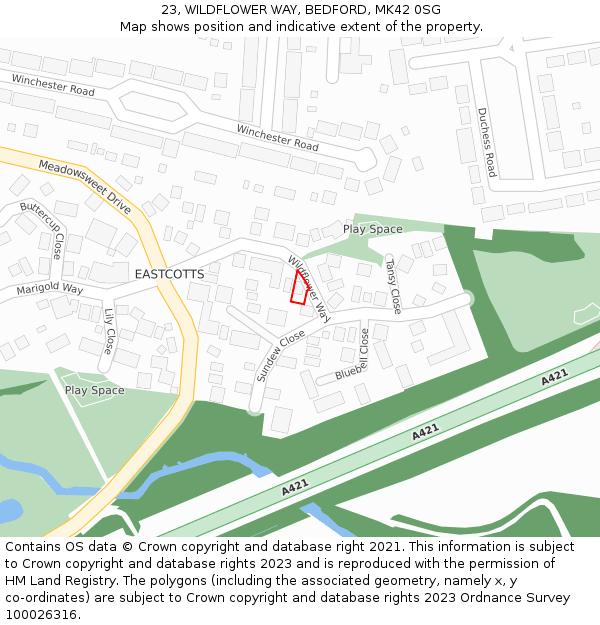 23, WILDFLOWER WAY, BEDFORD, MK42 0SG: Location map and indicative extent of plot