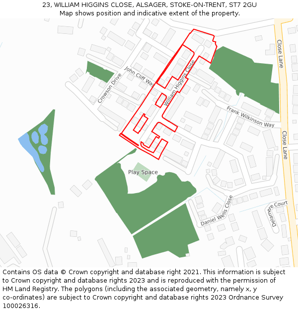 23, WILLIAM HIGGINS CLOSE, ALSAGER, STOKE-ON-TRENT, ST7 2GU: Location map and indicative extent of plot