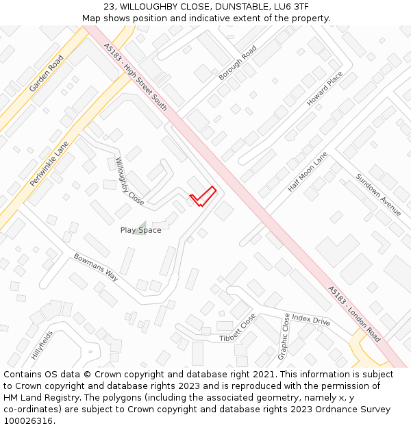 23, WILLOUGHBY CLOSE, DUNSTABLE, LU6 3TF: Location map and indicative extent of plot