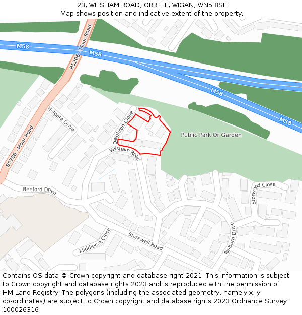 23, WILSHAM ROAD, ORRELL, WIGAN, WN5 8SF: Location map and indicative extent of plot