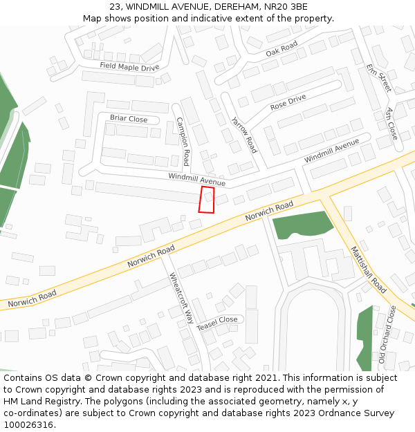23, WINDMILL AVENUE, DEREHAM, NR20 3BE: Location map and indicative extent of plot