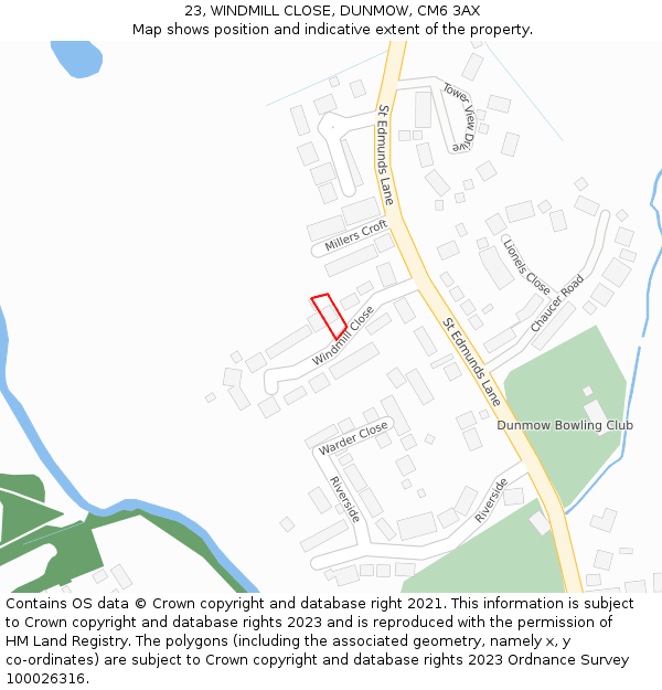 23, WINDMILL CLOSE, DUNMOW, CM6 3AX: Location map and indicative extent of plot