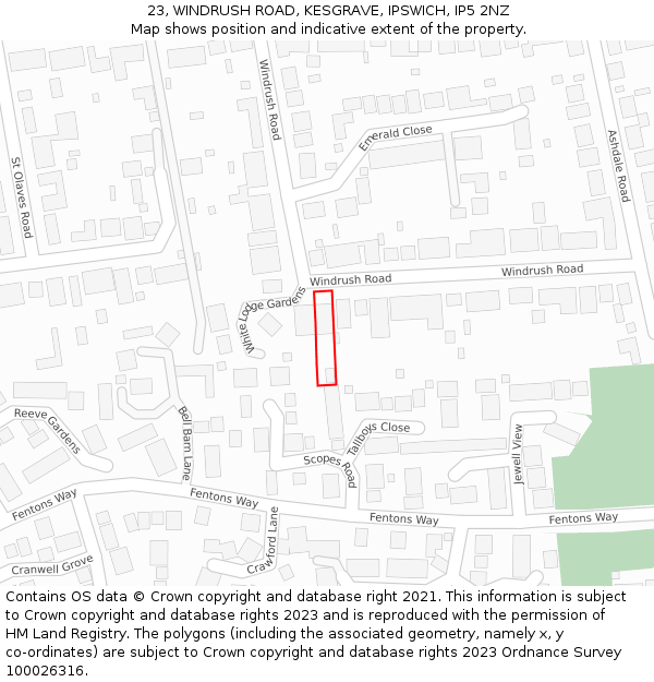 23, WINDRUSH ROAD, KESGRAVE, IPSWICH, IP5 2NZ: Location map and indicative extent of plot