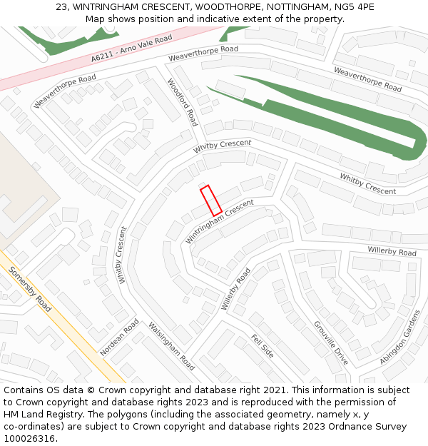 23, WINTRINGHAM CRESCENT, WOODTHORPE, NOTTINGHAM, NG5 4PE: Location map and indicative extent of plot