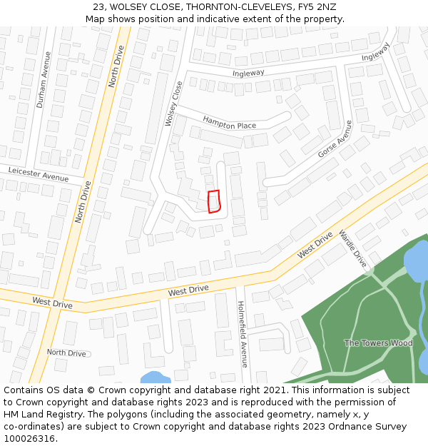 23, WOLSEY CLOSE, THORNTON-CLEVELEYS, FY5 2NZ: Location map and indicative extent of plot
