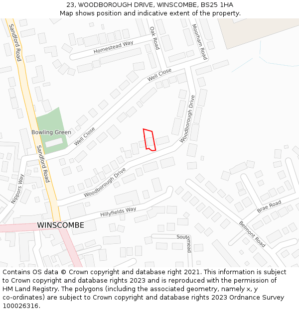 23, WOODBOROUGH DRIVE, WINSCOMBE, BS25 1HA: Location map and indicative extent of plot