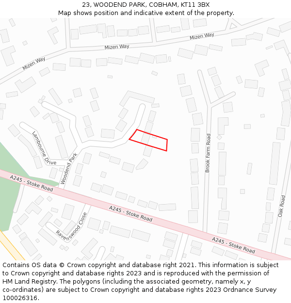 23, WOODEND PARK, COBHAM, KT11 3BX: Location map and indicative extent of plot