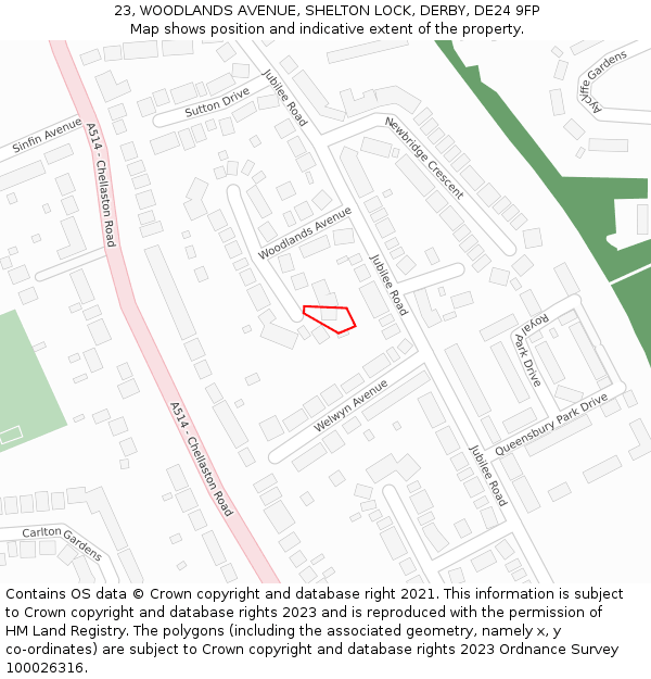 23, WOODLANDS AVENUE, SHELTON LOCK, DERBY, DE24 9FP: Location map and indicative extent of plot