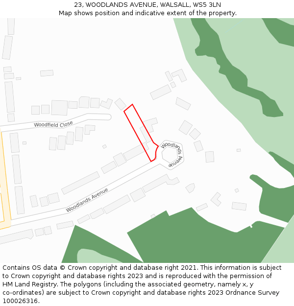 23, WOODLANDS AVENUE, WALSALL, WS5 3LN: Location map and indicative extent of plot