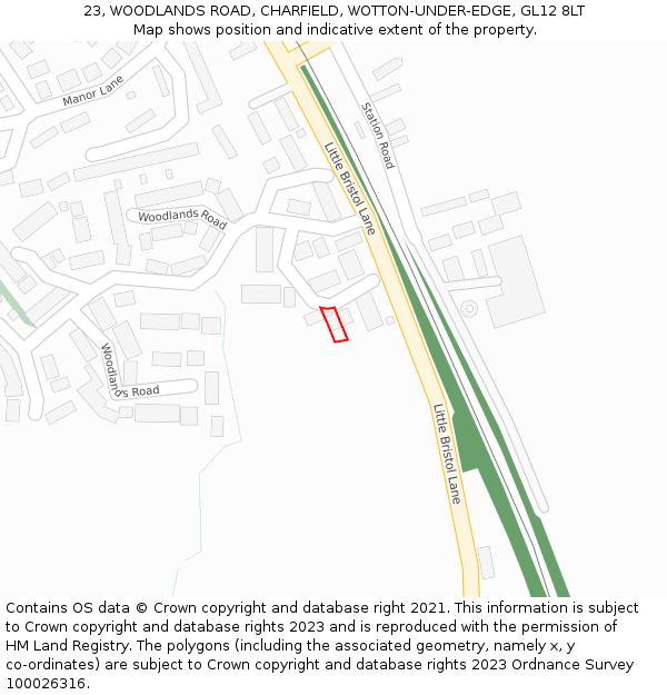 23, WOODLANDS ROAD, CHARFIELD, WOTTON-UNDER-EDGE, GL12 8LT: Location map and indicative extent of plot