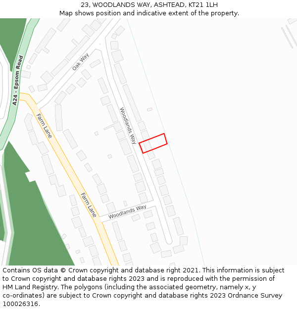 23, WOODLANDS WAY, ASHTEAD, KT21 1LH: Location map and indicative extent of plot