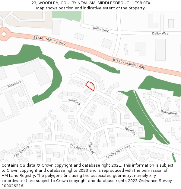 23, WOODLEA, COULBY NEWHAM, MIDDLESBROUGH, TS8 0TX: Location map and indicative extent of plot