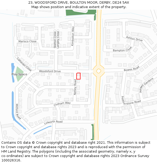 23, WOODSFORD DRIVE, BOULTON MOOR, DERBY, DE24 5AX: Location map and indicative extent of plot