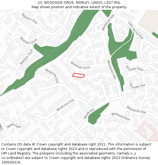 23, WOODSIDE DRIVE, MORLEY, LEEDS, LS27 9NL: Location map and indicative extent of plot