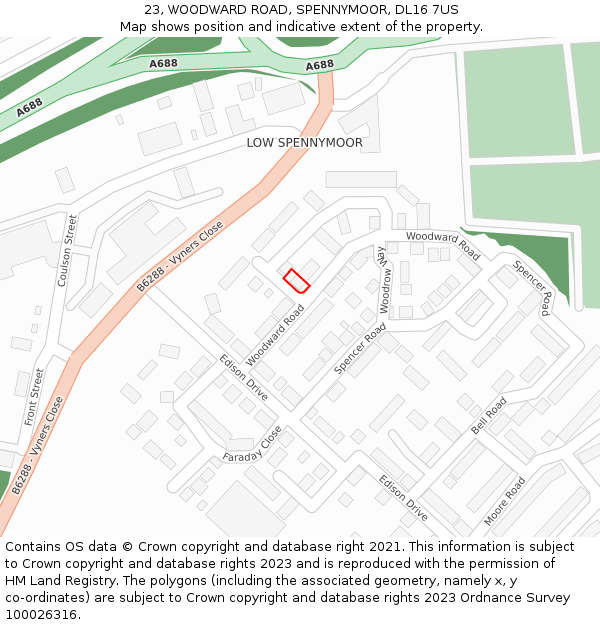 23, WOODWARD ROAD, SPENNYMOOR, DL16 7US: Location map and indicative extent of plot