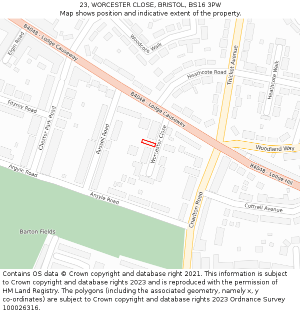 23, WORCESTER CLOSE, BRISTOL, BS16 3PW: Location map and indicative extent of plot