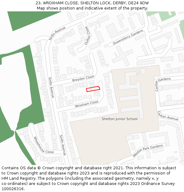 23, WROXHAM CLOSE, SHELTON LOCK, DERBY, DE24 9DW: Location map and indicative extent of plot