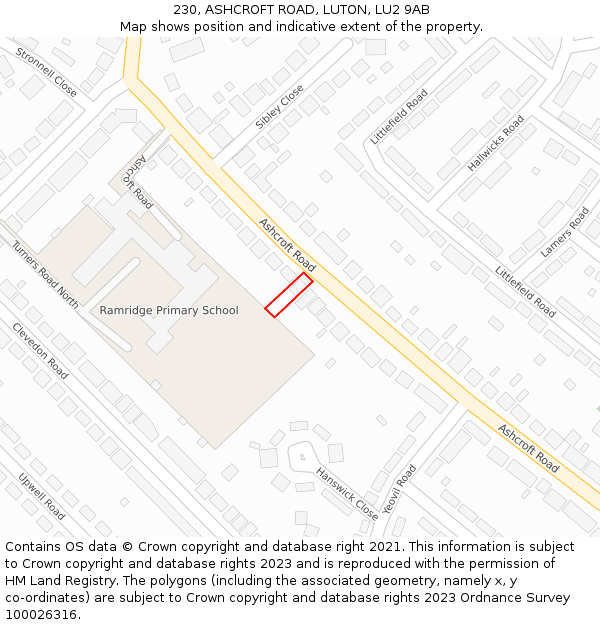 230, ASHCROFT ROAD, LUTON, LU2 9AB: Location map and indicative extent of plot