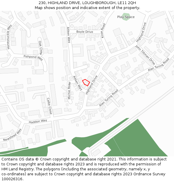 230, HIGHLAND DRIVE, LOUGHBOROUGH, LE11 2QH: Location map and indicative extent of plot