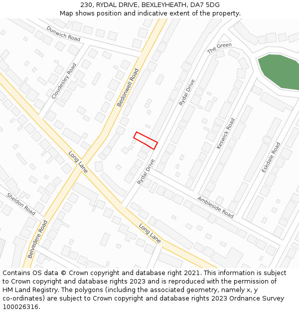 230, RYDAL DRIVE, BEXLEYHEATH, DA7 5DG: Location map and indicative extent of plot
