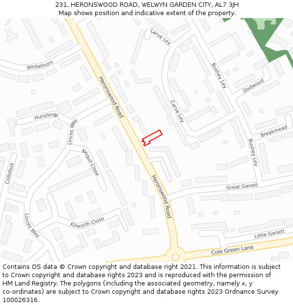 231, HERONSWOOD ROAD, WELWYN GARDEN CITY, AL7 3JH: Location map and indicative extent of plot