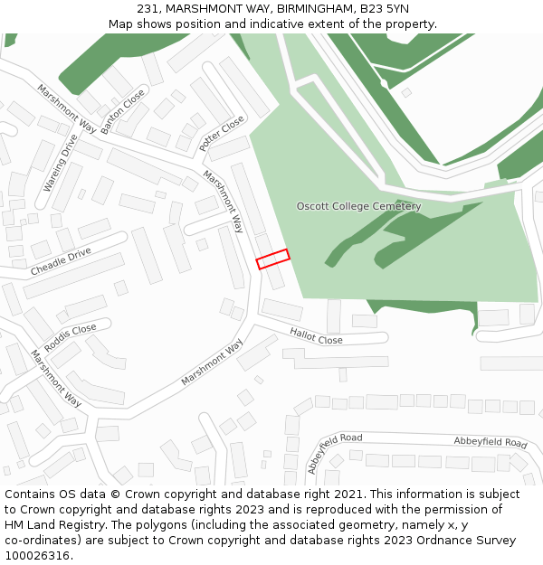 231, MARSHMONT WAY, BIRMINGHAM, B23 5YN: Location map and indicative extent of plot