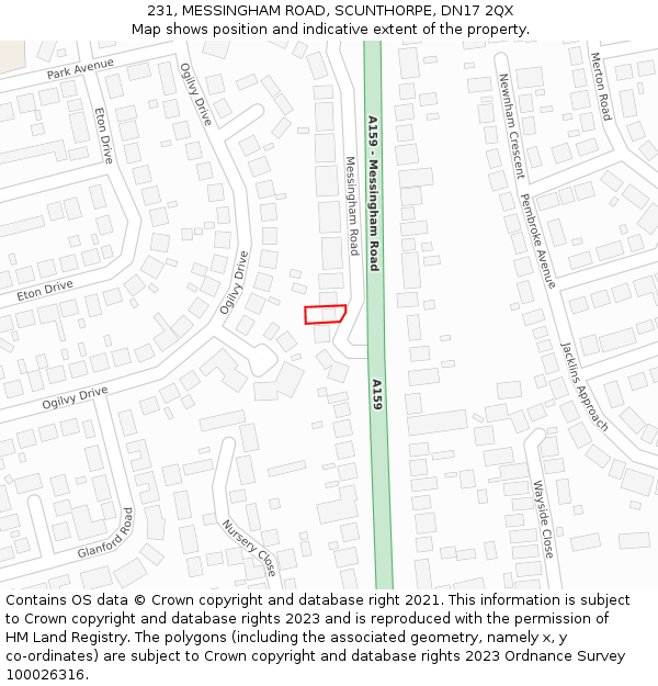 231, MESSINGHAM ROAD, SCUNTHORPE, DN17 2QX: Location map and indicative extent of plot