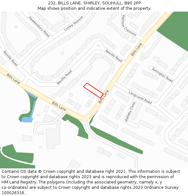 232, BILLS LANE, SHIRLEY, SOLIHULL, B90 2PP: Location map and indicative extent of plot
