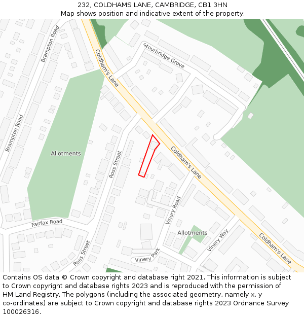 232, COLDHAMS LANE, CAMBRIDGE, CB1 3HN: Location map and indicative extent of plot