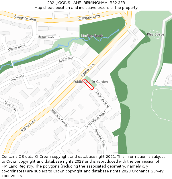 232, JIGGINS LANE, BIRMINGHAM, B32 3ER: Location map and indicative extent of plot