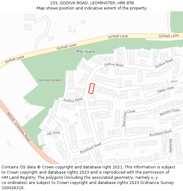 233, GODIVA ROAD, LEOMINSTER, HR6 8TB: Location map and indicative extent of plot